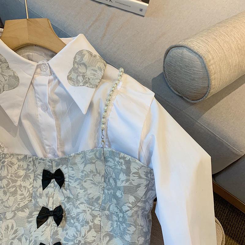 White shirt Women's Pearl suspender two-piece suit new design sense niche fashion fashionable chic top