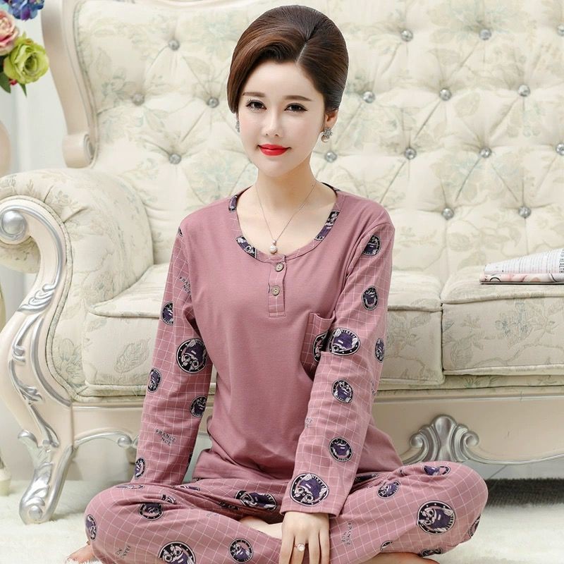 Bộ đồ ngủ bằng vải cotton, dài tay dành cho phụ nữ, áo chui đầu mỏng mẹ, cỡ lớn, dịch vụ tại nhà người trung niên