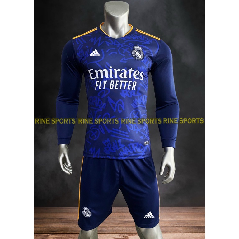 Bộ áo bóng đá Real xanh đen dài tay sân nhà việt nam cao cấp mùa giải 2021-2022 Giống thi đấu