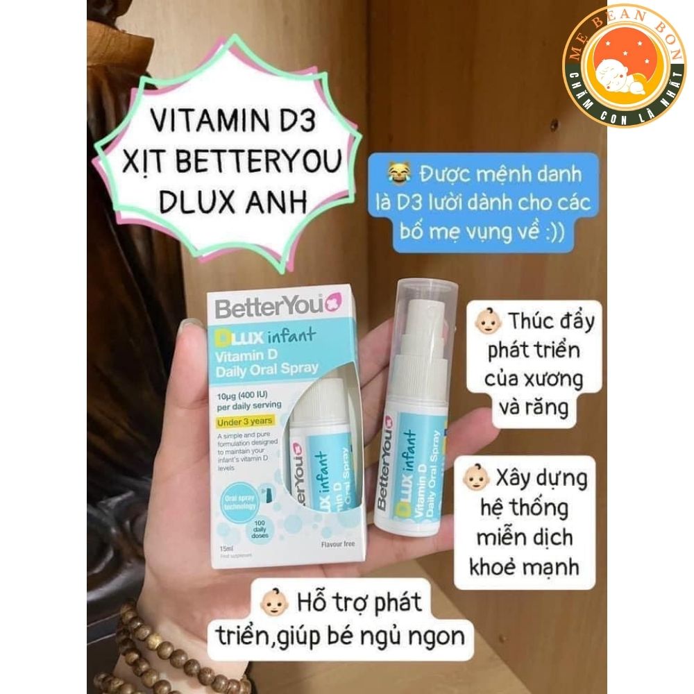 Vitamin D3 cho bé từ sơ sinh Dlux betterYou dạng xịt 15ml của Anh giúp hấp thu nhanh tốt hơn - mẹ bean bon
