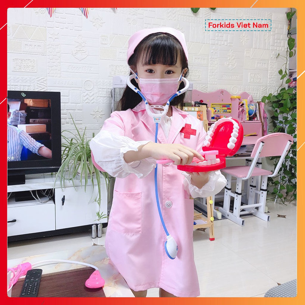 Combo bộ Áo Bác Sĩ cho bé kèm Mũ form chuẩn Đẹp Chất Vải Tốt và Ống tai nghe bác sỹ