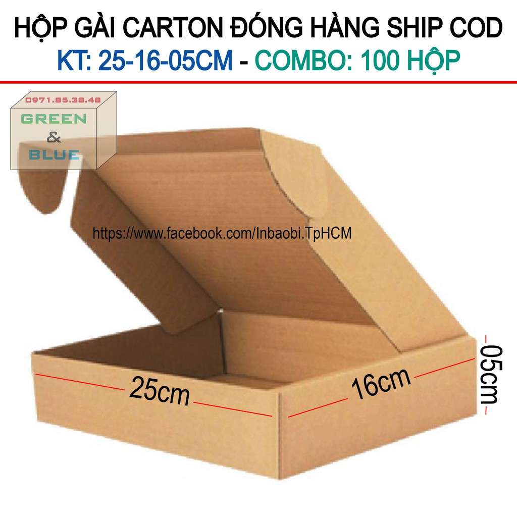 100 Hộp gài 25x16x5 cm, Hộp Carton 3 lớp đóng hàng chuẩn Ship COD (Green &amp; Blue Box, Thùng giấy - Hộp giấy giá rẻ)
