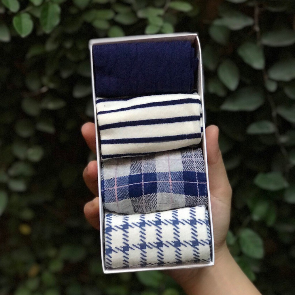 Tất CARAMELLA nữ sinh cổ ngắn đôi cao cấp, set vớ nữ 4 đôi cổ ngắn cute Caro Xanh kèm túi đựng xinh xắn 2023