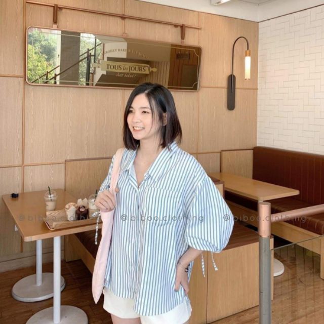 Áo biboo clothing áo sơ mi tay kiểu màu xanh sọc trắng