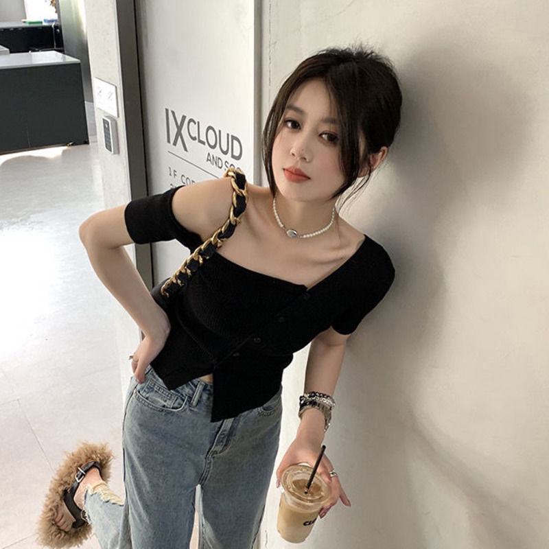 Áo Thun Dệt Kim Tay Ngắn Dáng Ôm Màu Đen Trơn Quyến Rũ Dành Cho Nữ