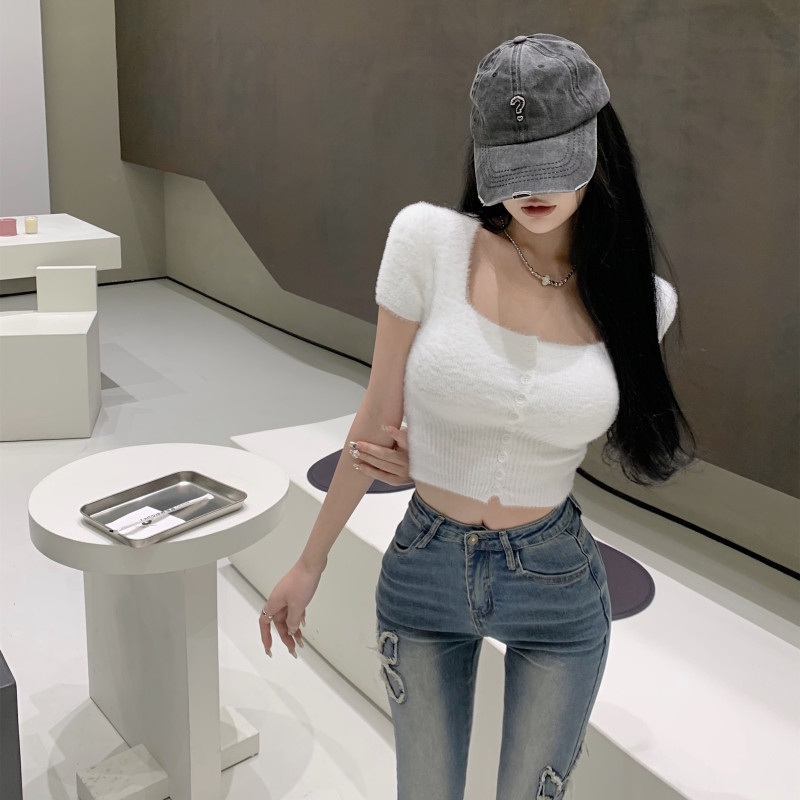 Áo Sweater Dệt Kim Tay Ngắn Cổ Vuông Dáng Ôm Thời Trang Trẻ Trung