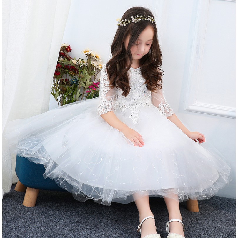 Váy Đầm Trắng Cườm Hoa Bé Gái T25