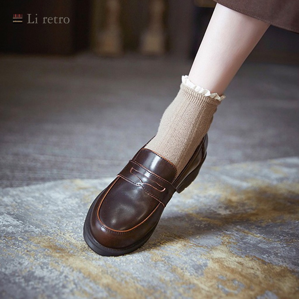 Giày Loafer - Giày Loafer nữ Li retro da bò thật phong cách vintage