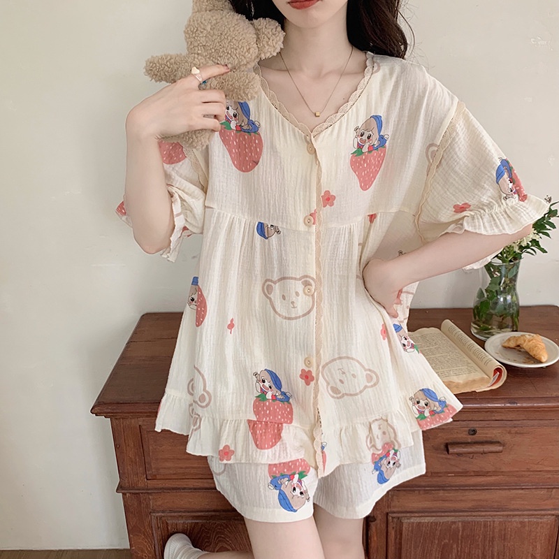 Bộ Đồ Ngủ Chất cotton Mỏng Nhẹ In Họa Tiết Dễ Thương Phong Cách Hàn Quốc Thời Trang Cho Nữ