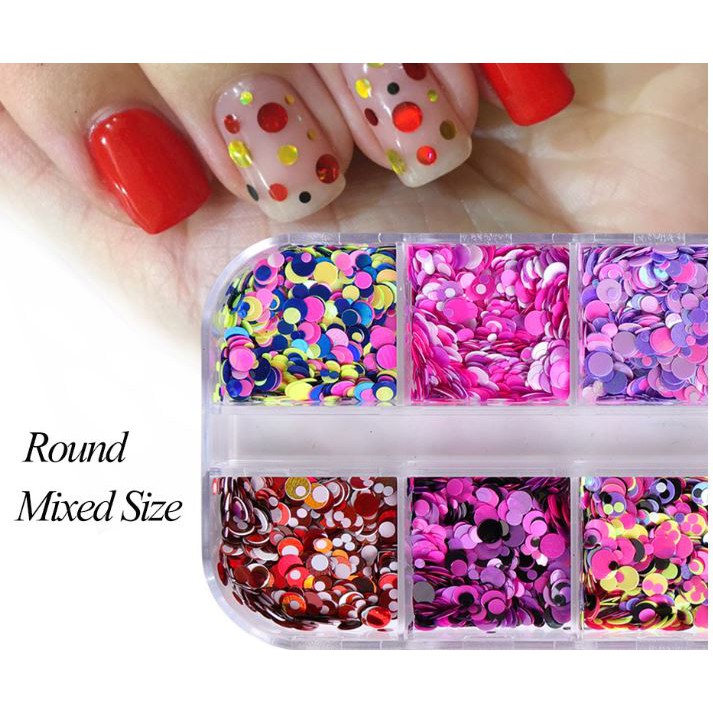 Khay 12 ô kim tuyến tròn trộn size trộn màu trang trí móng