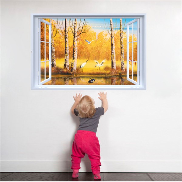 Decal trang trí khung cửa sổ 3D Cảnh rừng lá Vàng và cò trăng