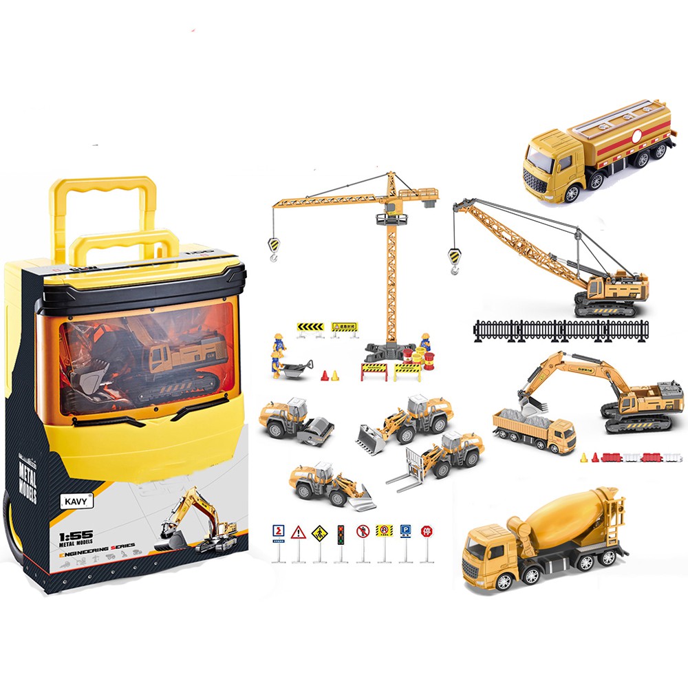 Bộ đồ chơi xe công trình xây dựng bằng sắt và nhựa, gồm rất nhiều xe  kèm vali kéo tiện lợi kích thước lớn