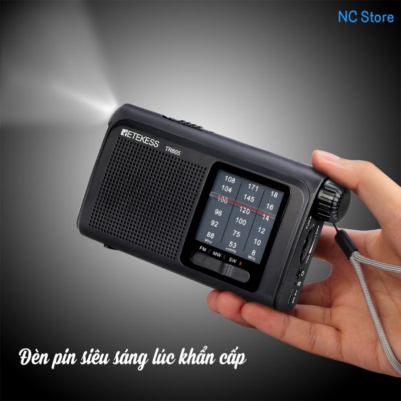 Đài chính hãng Retekess Tr605 có đèn pin, Radio FM AM, nhỏ gọn, bắt sóng cực tốt,
