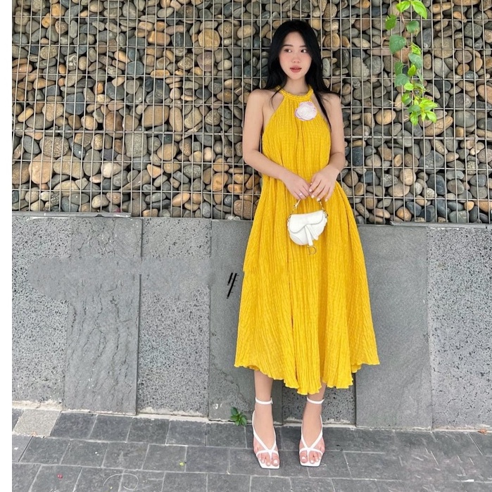 Đầm maxi cổ yếm đính hoa sang chảnh 2 lớp đầm suông thụng nữ HN854