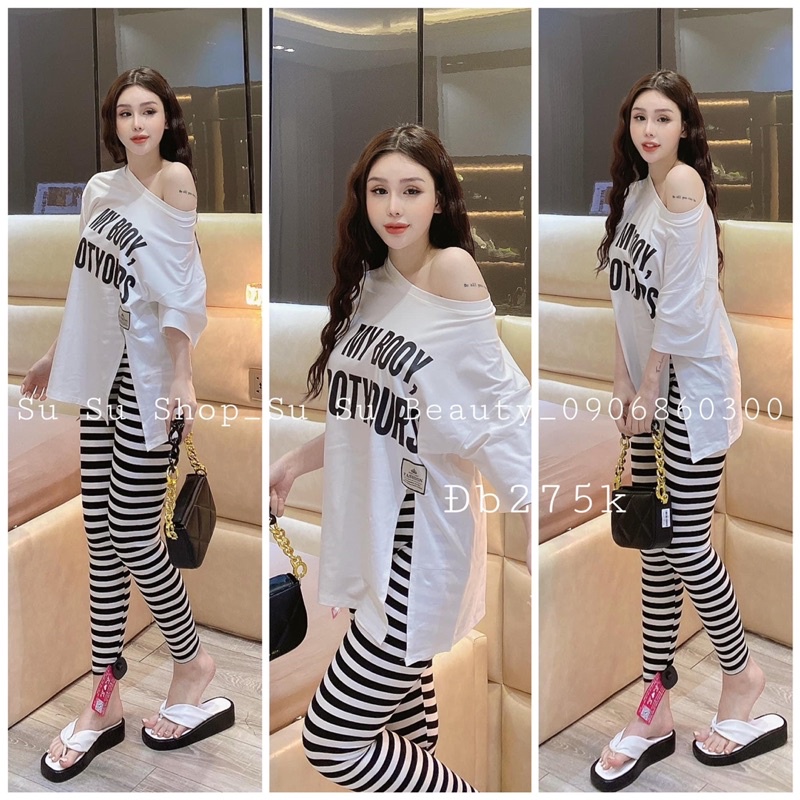 Set áo xẻ tà quần sọc ôm xinh xắn giá tốt