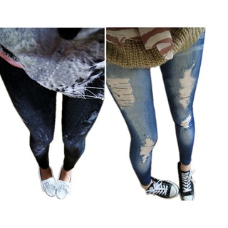 Quần legging nữ giả jeans dạng rách