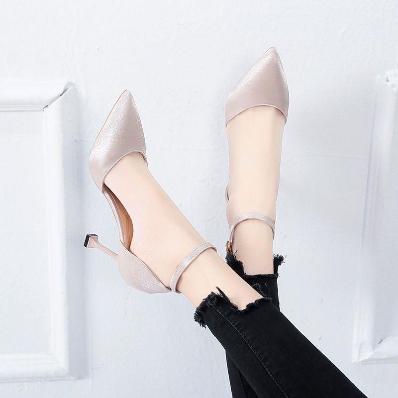 Giày Cao Gót Mũi Nhọn Cài Khóa Chất Liệu satin Màu Đỏ Rượu Thời Trang Quyến Rũ Cho Nữ