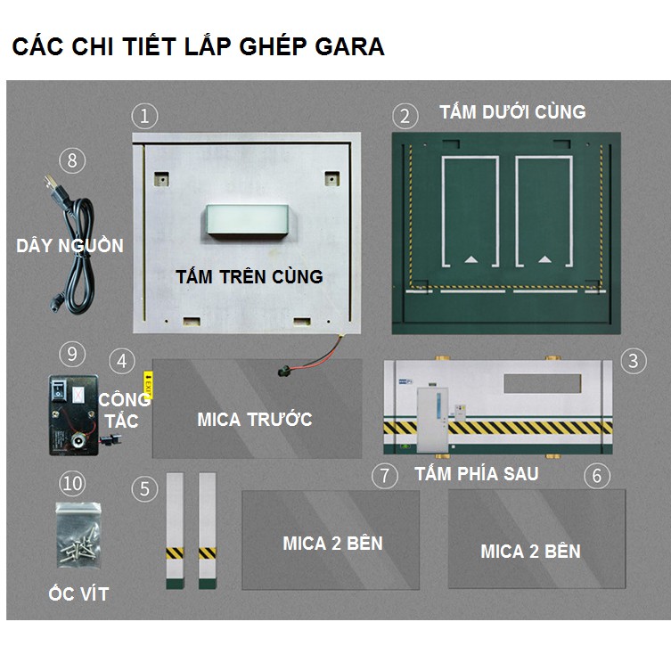 Gara xe mô hình ô tô tỉ lệ 1:32 có đèn chiếu sáng bằng gỗ công nghiệp để được 2 xe