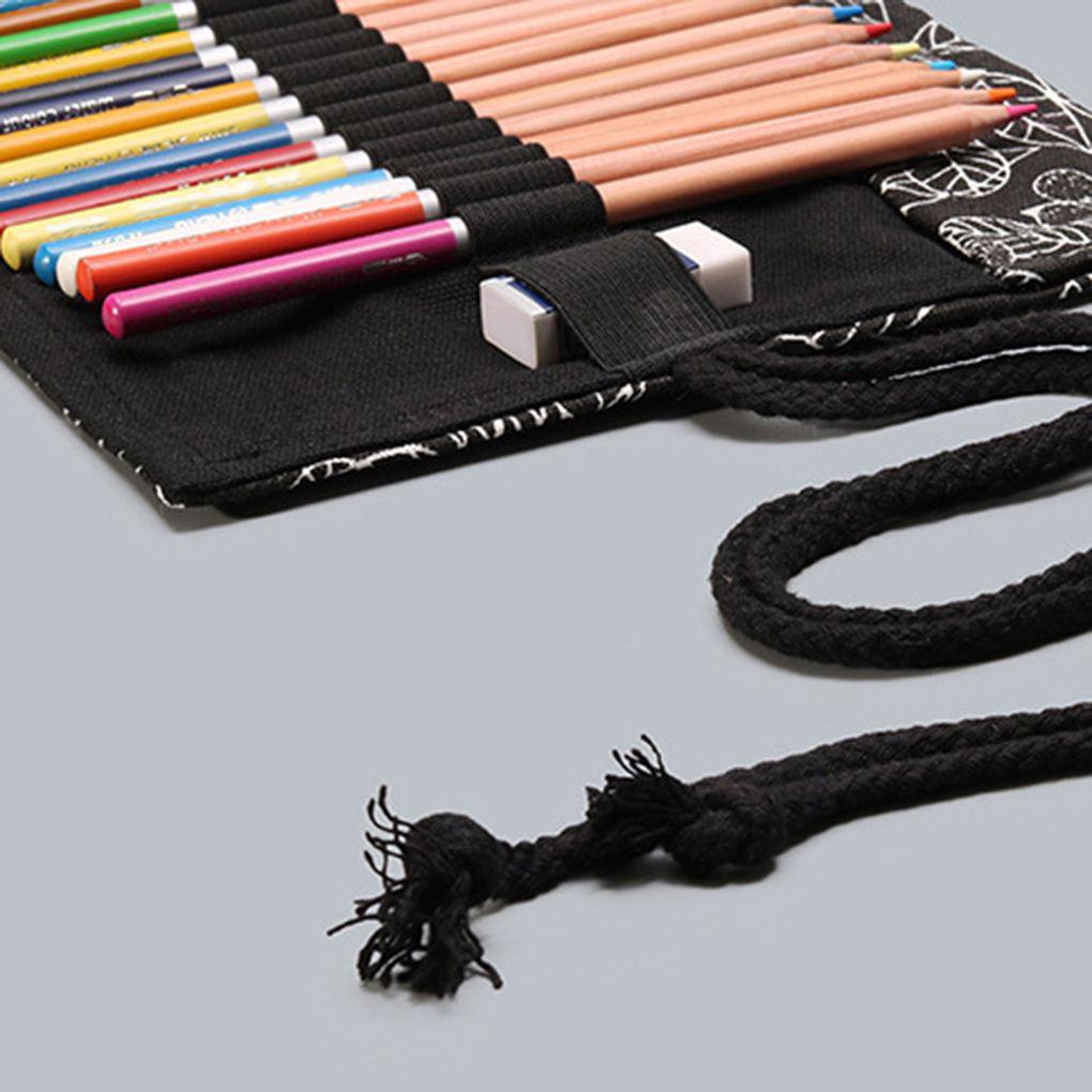 Túi Cuộn Đựng Bút Bằng Vải Canvas In Họa Tiết Chiếc Lá Màu Trắng Đen Xinh Xắn Cho Nữ