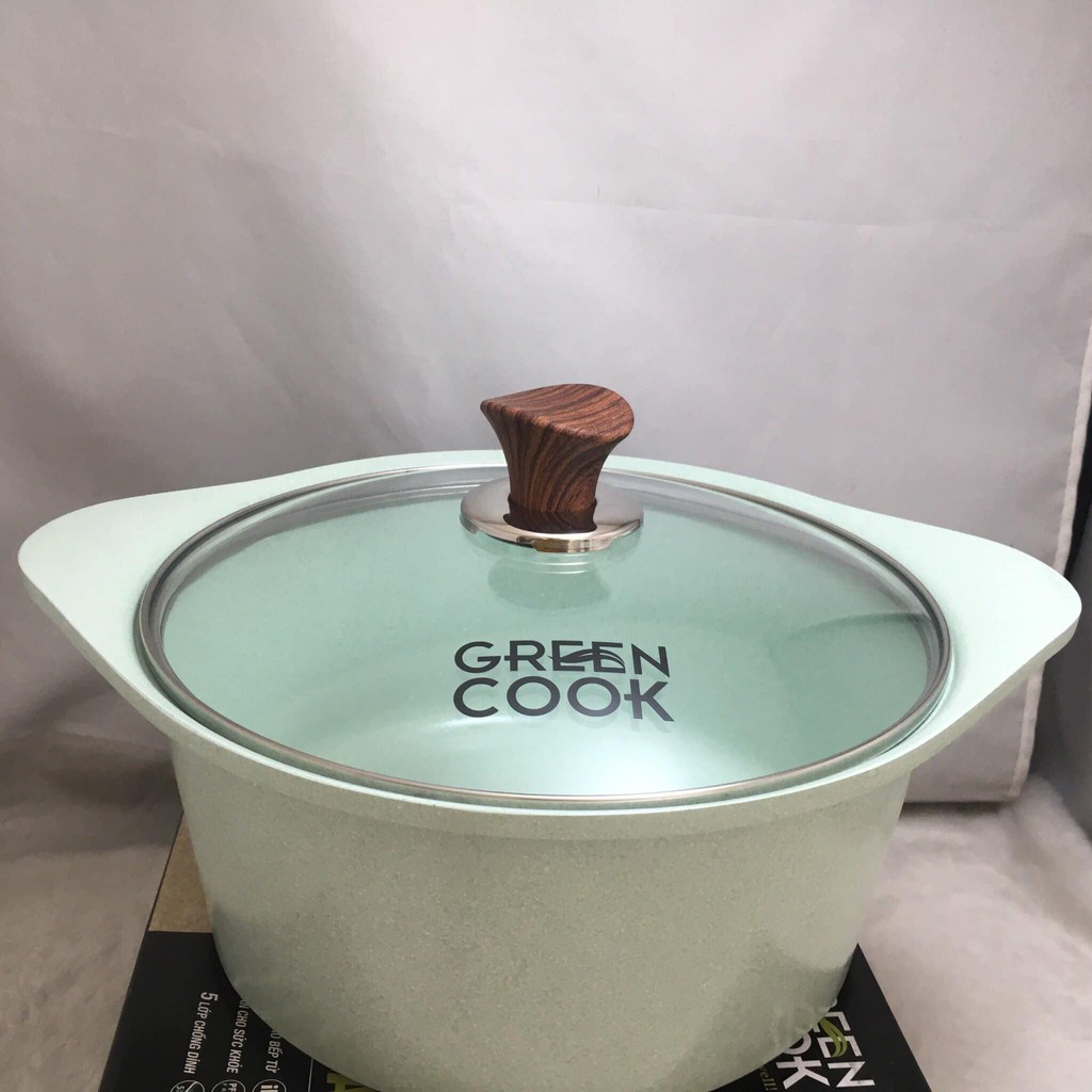 Nồi đúc đáy từ chống dính men đá xanh ngọc Green Cook GCS05 size 18-20-24 cm công nghệ Hàn Quốc