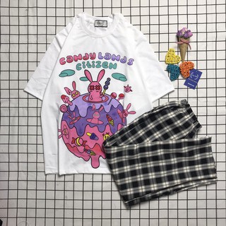 Sét Bộ Quần Áo Ulzzang Girl Style Nữ Ngắn Tay Mặc Đi Chơi, Áo Cotton In 3D Candy Lands Mix Quần Ống Rộng Kẻ