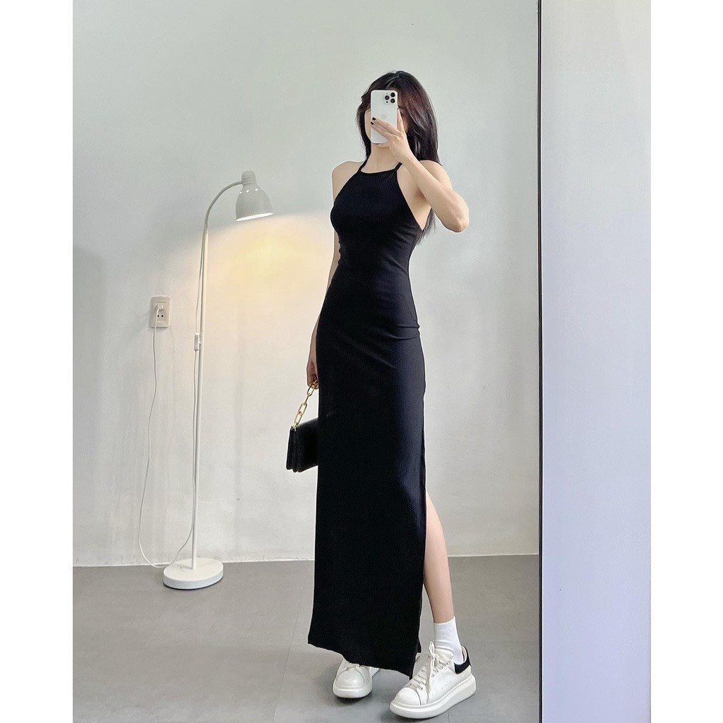 Đầm maxi cổ yếm siêu đẹp hình thật, đầm ôm dáng dài ôm sát body - Chocomyshop