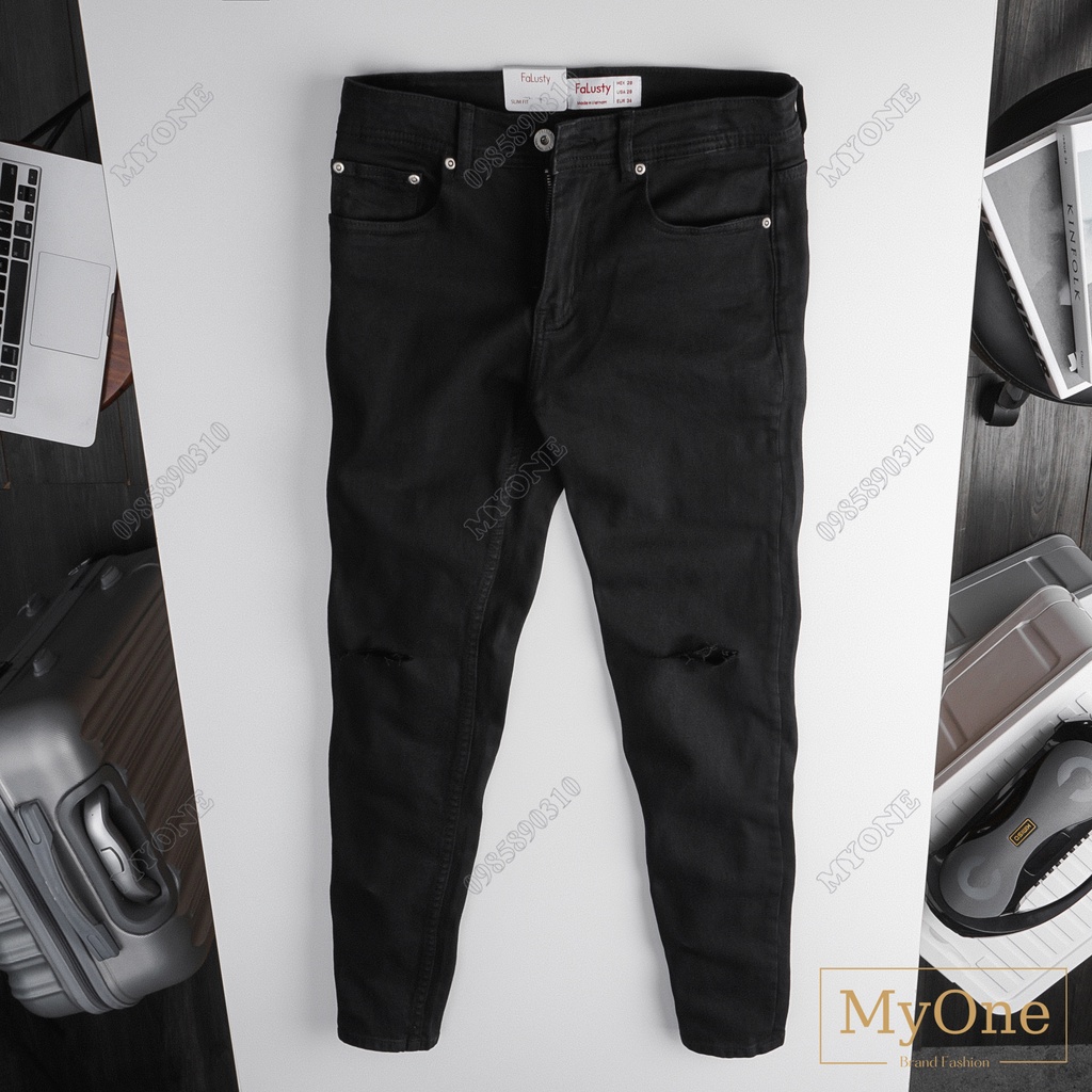 Quần jean nam rách gối, form dáng slimfit, co giãn, màu đen, JRG MyOne