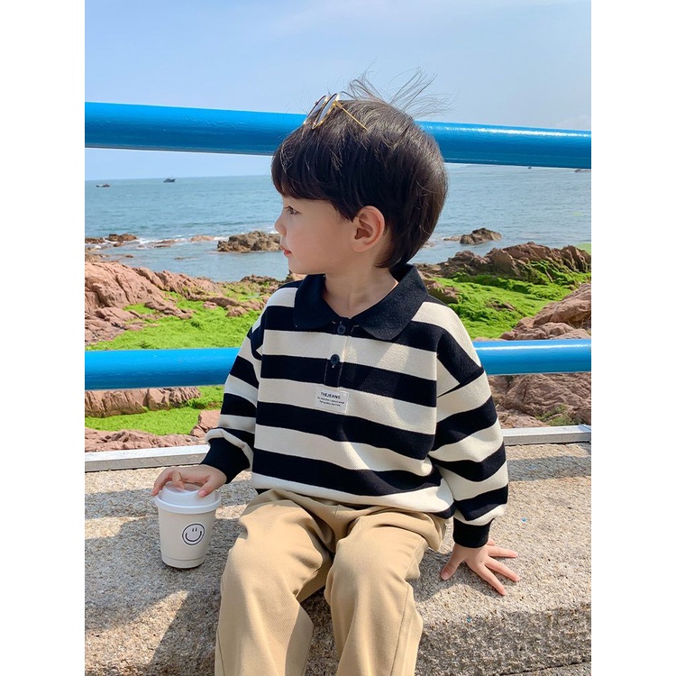 Áo Sweater Polo Dáng Rộng Kẻ Sọc Thời Trang Mùa Thu 2022 Cho Bé Trai