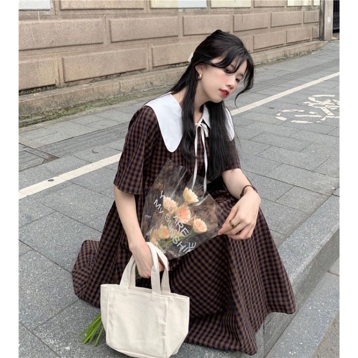 Váy Baby Doll Caro Vintage Cổ Búp Bê Thắt Nơ Xinh Xắn