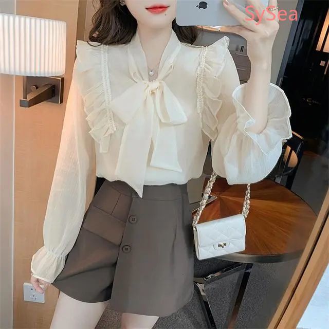 Áo Sơ Mi Voan Đính Nơ Ngọc Trai Thời Trang Mùa Xuân Dành Cho Nữ