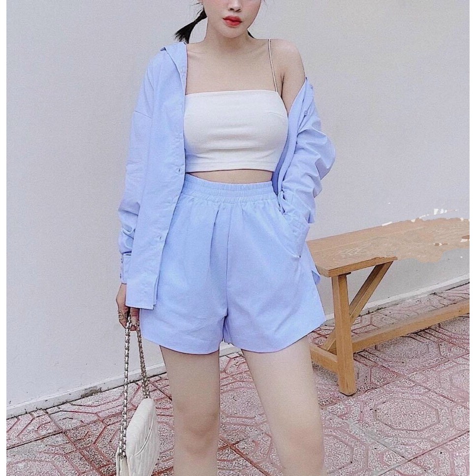 Set Sơ Mi Tay Dài Và Quần Đùi Kèm Áo Trong Hai Dây Thời Trang Nữ Rose Fashion