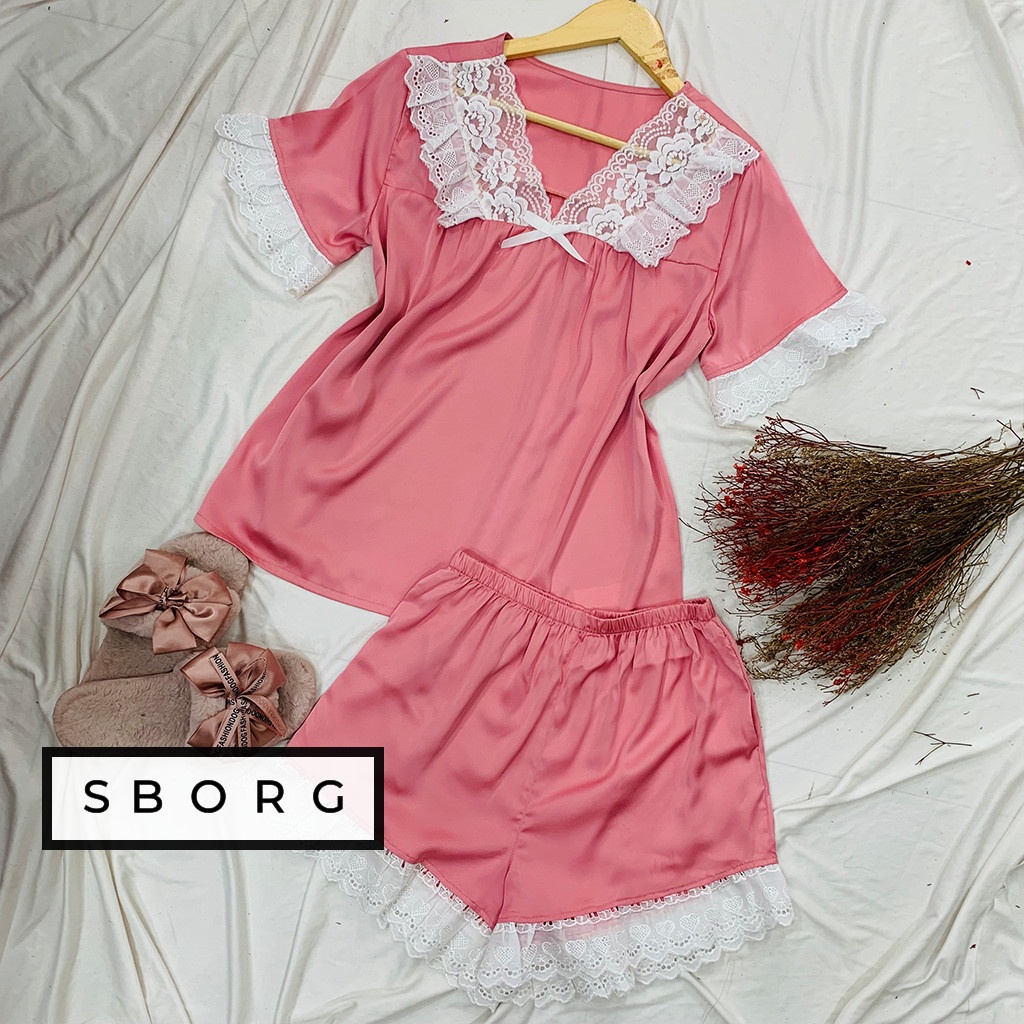 Đồ bộ mặc nhà SBORG bộ ngủ lụa latin áo cổ tim viền ren cute dễ thương phối quần đùi có túi freesize 65kg quà tặng vợ.