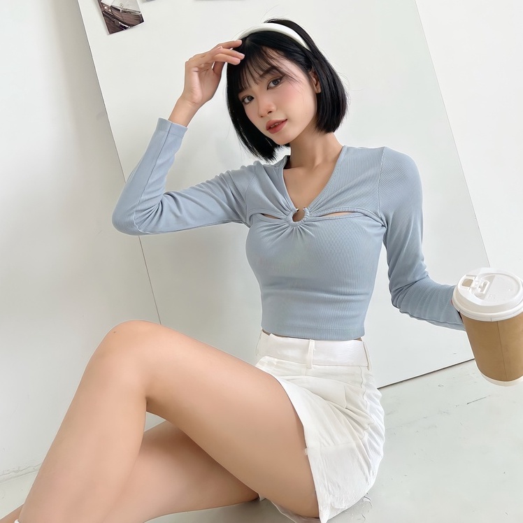 Áo croptop nữ tay dài body TOPTIFY kiểu khoét ngực khoen Inox Ivy Top AC64