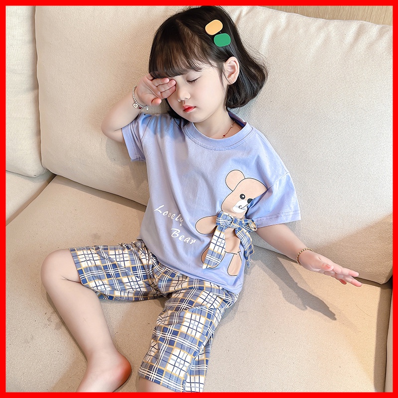 Bộ bé gái Lovely Bear phối nơ quần caro dễ thương cho bé gái 2,3,4,5,6,7,8,9,10,11,12,13,14,15,16 tuổi