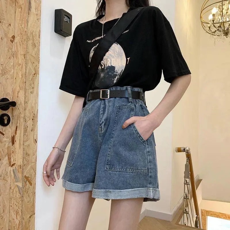 Quần Đùi Jeans Nữ Màu Xanh Có Túi Hai Bên Một Cúc, Quần Short Denim Dáng Ngắn Ống Rộng Phong Cách Ulzzang Loại 1