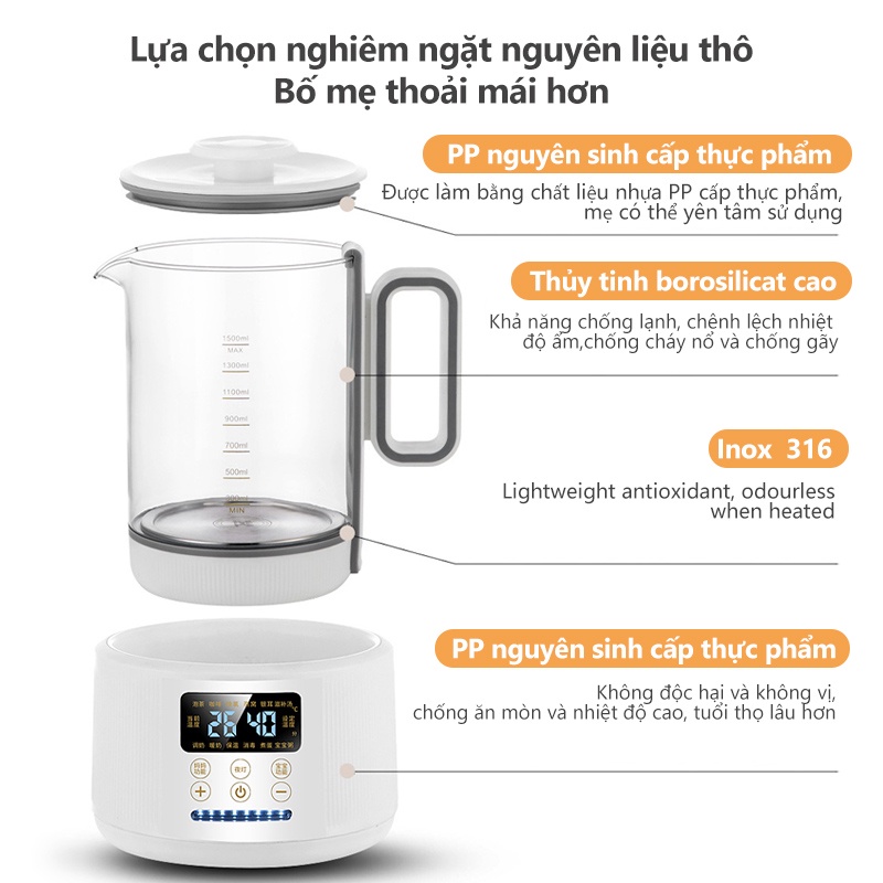 Ấm đun và hâm sữa có thể điều chỉnh nhiệt độ không đổi dung tích 1.5L