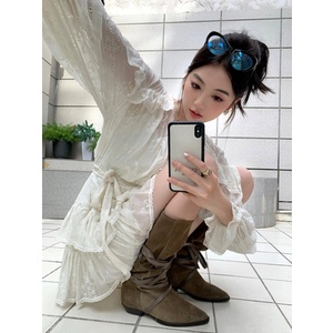 Giày Bốt Denim Mũi Nhọn Gót Thấp Buộc Dây Kiểu Retro Phương Tây Cá Tính Cho Nữ