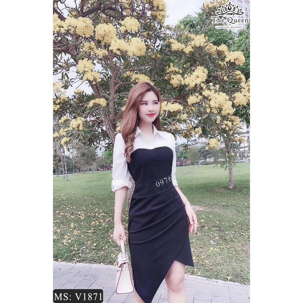 Váy body đen dự tiệc cổ sơ mi V1871 tay trắng vạt chéo (Video quay bởi THE QUEEN FASHION)