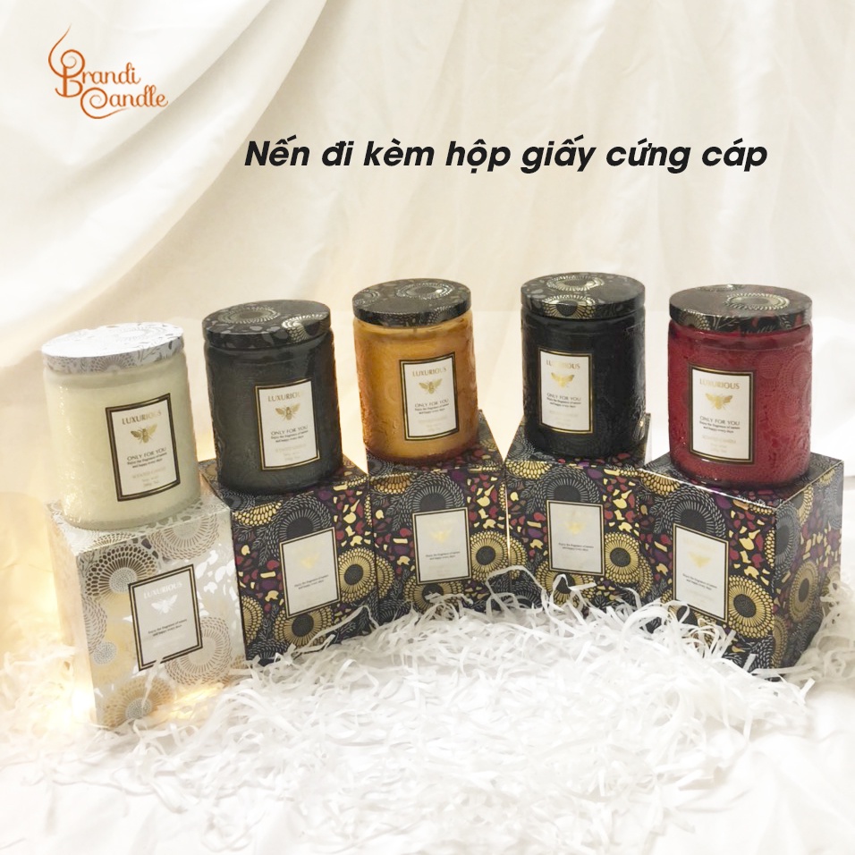 Nến thơm không khói sáp đậu nành hũ thủy tinh hoa văn sắc màu nắp nhôm sang trọng
