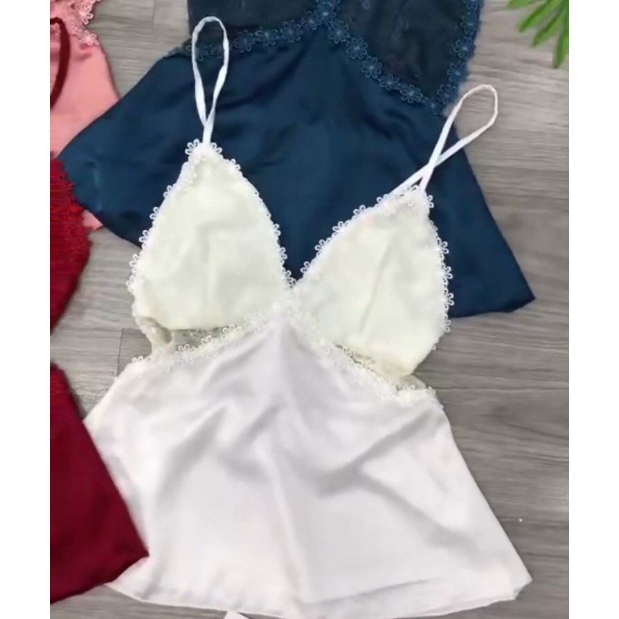 Đồ ngủ sexy 2 dây chéo lưng phối ren gợi cảm Hoàng Tình Store lụa satin cao cấp mềm mịn mặc nhà thoáng mát Freesize
