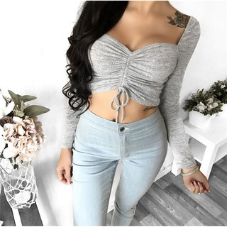 Áo croptop dây rút điều chỉnh ngực cổ vuông tay dài - by Sugargalz