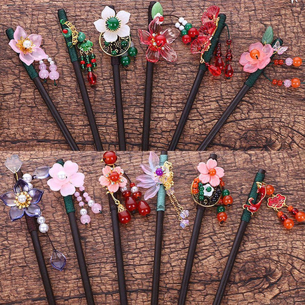 Trâm Cài Tóc Bằng Gỗ Mun Đính Hoa Tua Rua Handmade Thời Trang