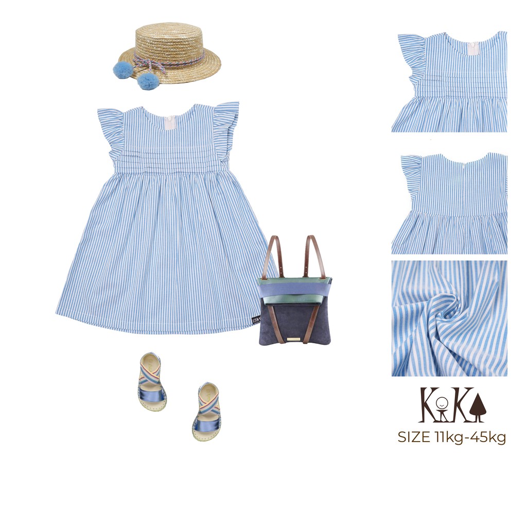 [KIKA] Váy đầm bé gái màu kẻ xanh xếp ly ngực. Từ 10-45kg K111