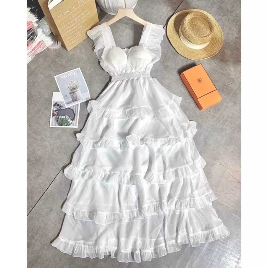 Đầm Trắng Công Chúa nhiều tầng ,hở vai 2 dây dáng xòe ,Váy Maxi thiết kế trễ vai sang trọng Vintage Tiểu Thư ,LAMASS