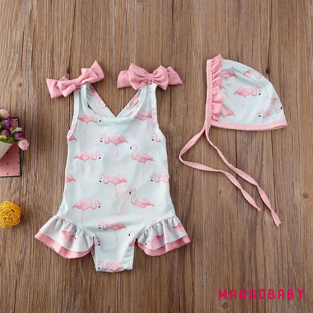 ♬MG♪-Toddler Baby Kid Girl Flamingo Swimwear Swimsuit Beach Romper Clothes Hat Outfit