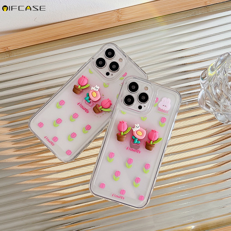 Ốp Điện Thoại Mềm Trong Suốt Họa Tiết Hoa Tulip / Thỏ Màu Hồng Gradient Cho iPhone 13 12 11 Pro Max XS Max XR X 7 8 Plus