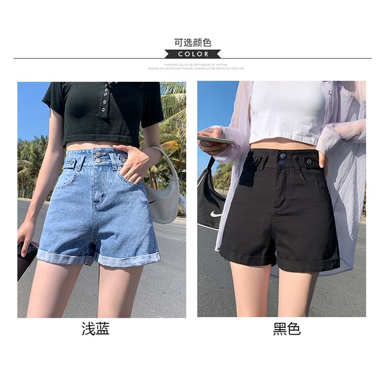 Quần short denim lưng cao dáng chữ A ống rộng hai nút thời trang mùa hè mới cho nữ 2021