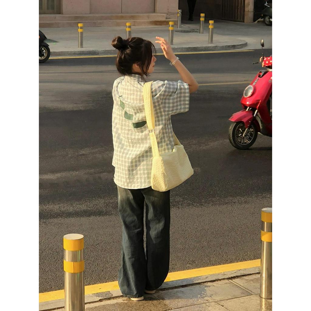 Ethelgirl Áo Sơ Mi Ngắn Tay Họa Tiết Ca Rô Thời Trang Dành Cho Nữ