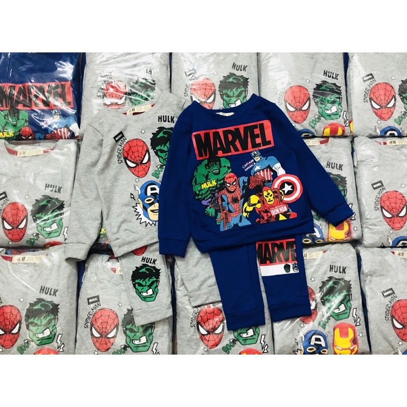 Set 2 bộ nỉ da cá hm in hình marvel siêu nhân cho bé trai size 12-30 cân