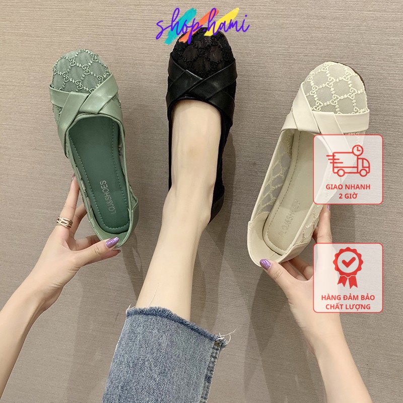 Giày Búp Bê Nữ Đẹp Da Kết Hợp Ren Thoáng Mát, Êm Chân Với Nhiều Màu Sắc : Đen, Xanh, Be Đủ Size 35-40 Shop Hami G38
